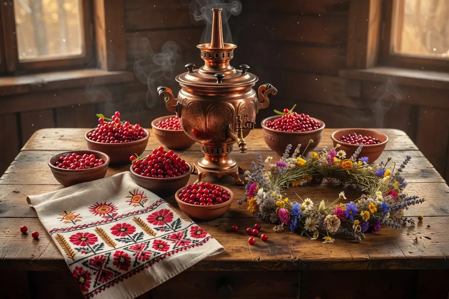 Table en bois ancienne avec samovar fumant, bols de baies rouges, serviette brodée et couronne de fleurs séchées — atmosphère pré-mariage slave