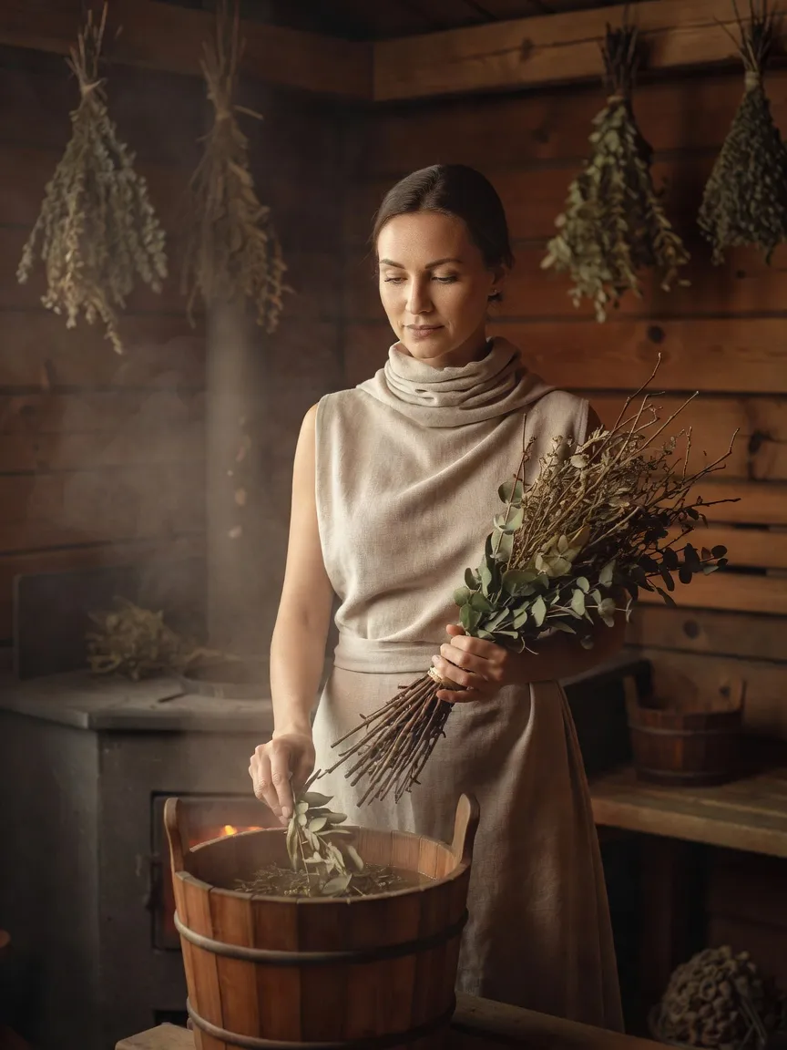 Herboriste plongeant un bouquet de bouleau et d'eucalyptus séchés dans un seau en bois, bouquets d'herbes suspendus en arrière-plan d'une banya traditionnelle