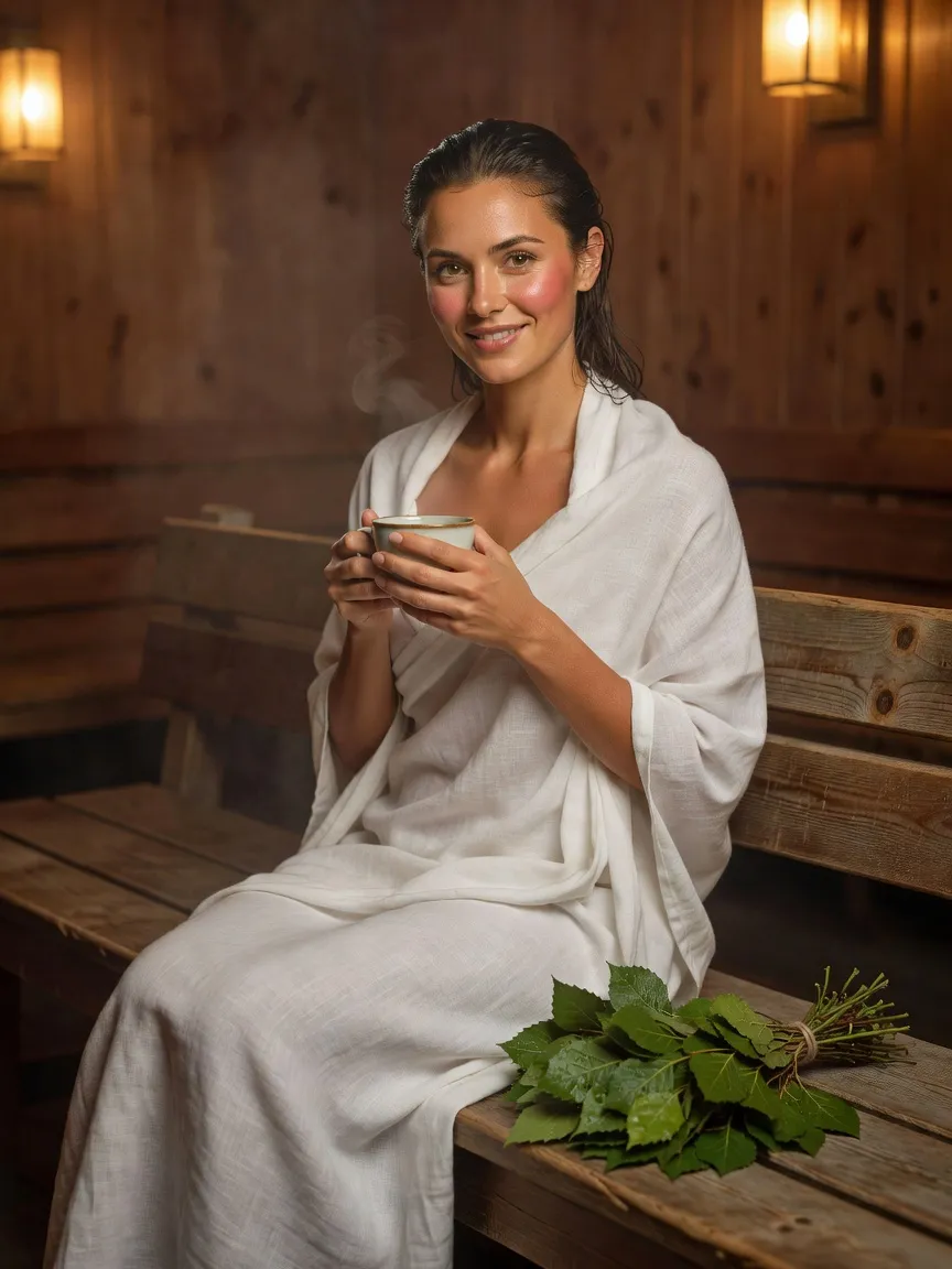 Femme enveloppée dans un drap de lin, tasse de thé chaude à la main, assise sur un banc de bois dans la salle de repos d'une banya parisienne, bouquet de veniki de bouleau posé à côté d'elle