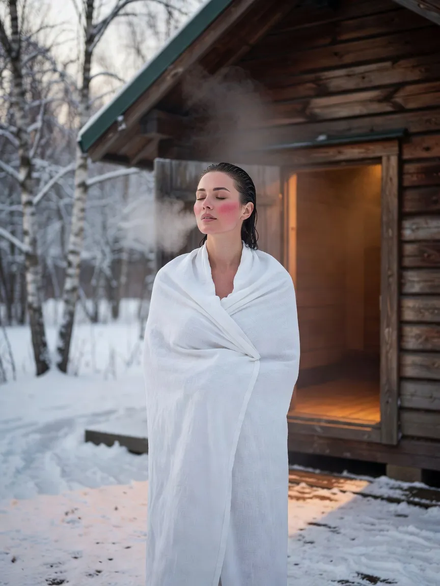 Femme russe enveloppée dans un drap de lin blanc, yeux fermés, savourant la fraîcheur de l'hiver juste après être sortie d'une banya en bois enneigée
