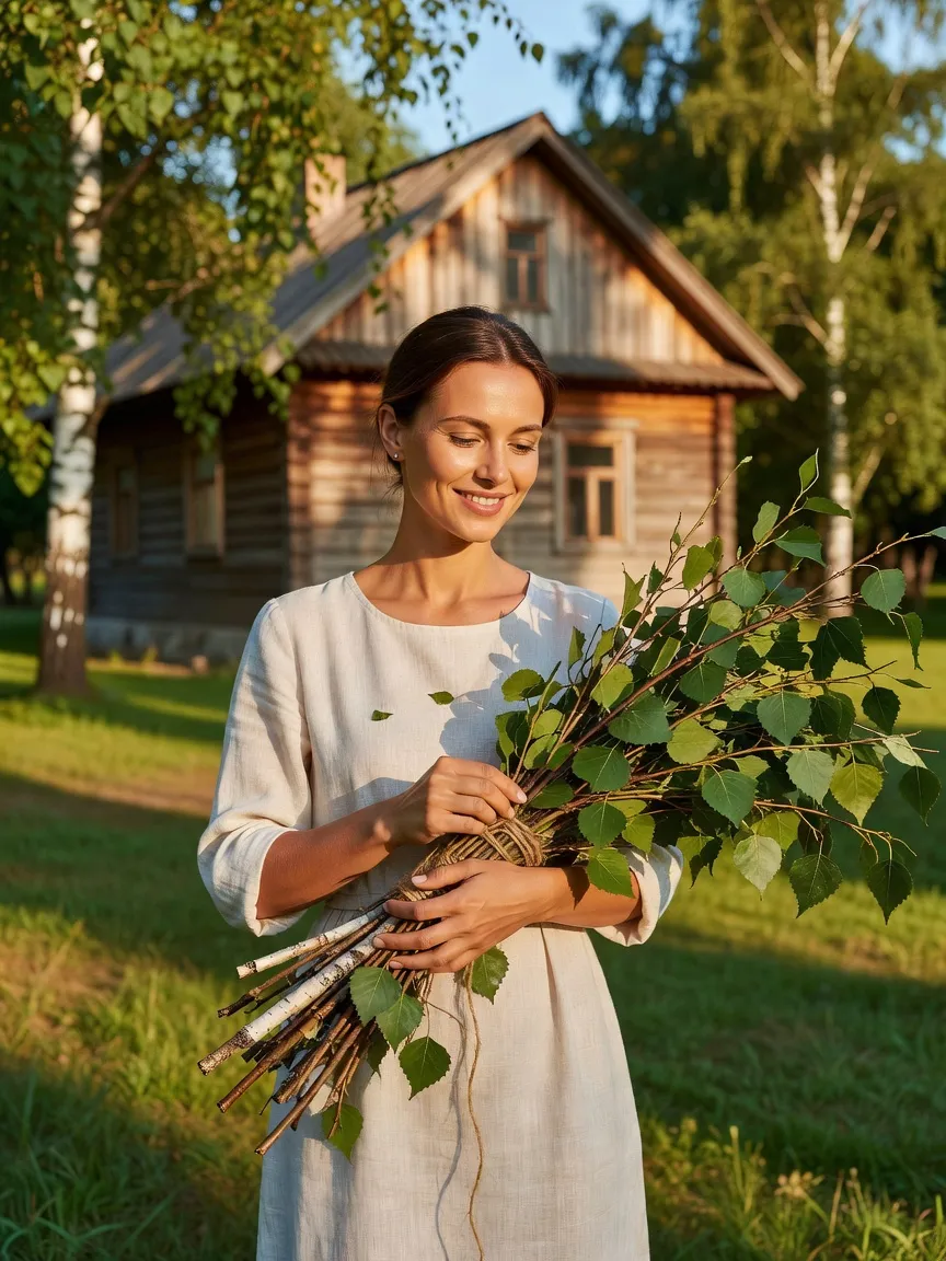 Femme russe souriante liant un bouquet de branches de bouleau fraîchement coupées devant une datcha en bois, lumière dorée de fin de journée