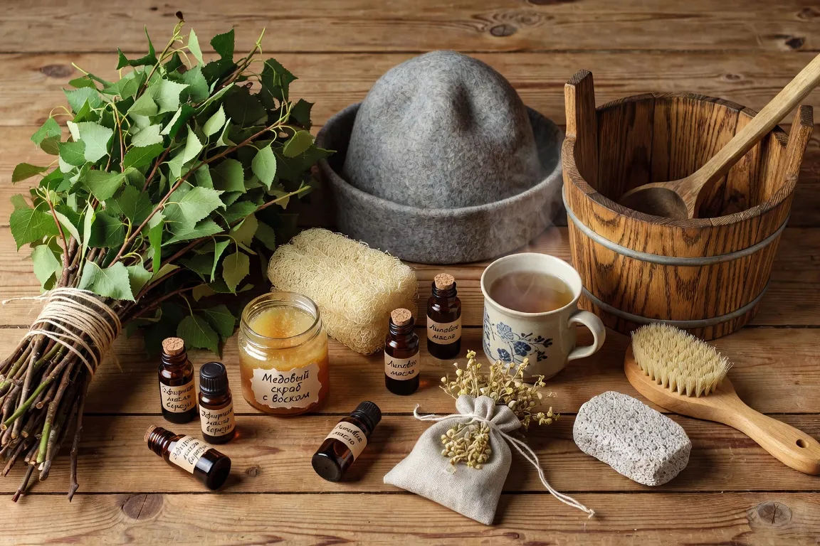Plateau en bouleau avec veniki, bonnet en feutre gris, seau en bois, thermomètre, savon noir slave et serviette blanche — accessoires de banya disposés artistiquement