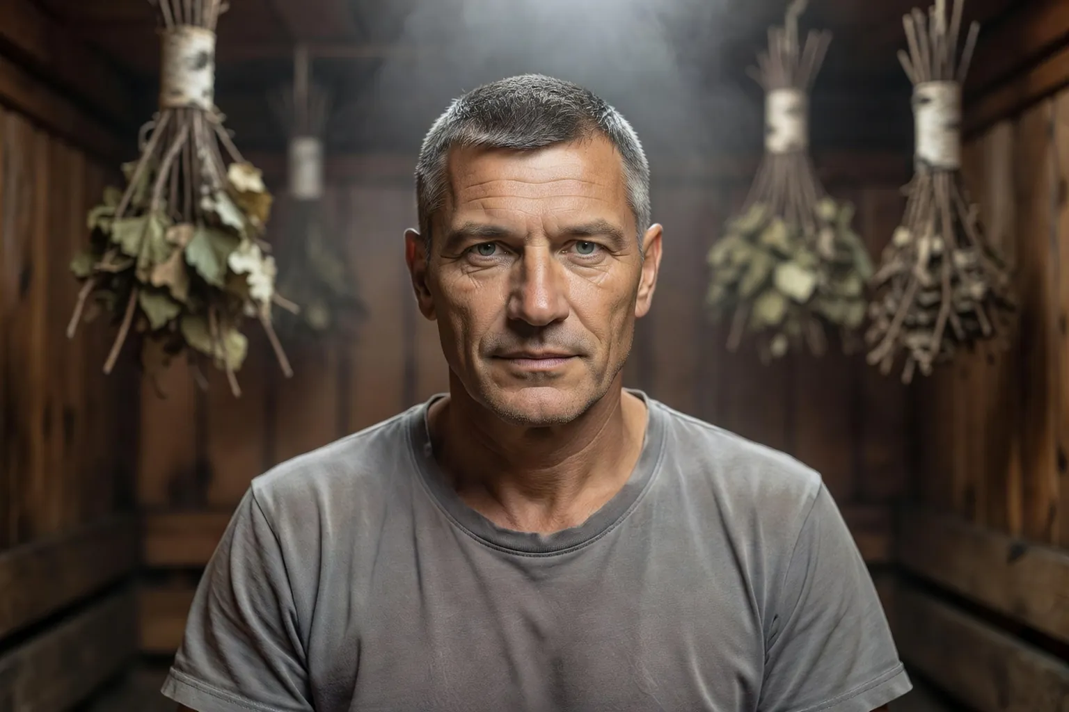 Portrait éditorial d'un banshchik russe d'âge mûr, atelier de banya en arrière-plan flou, lumière douce