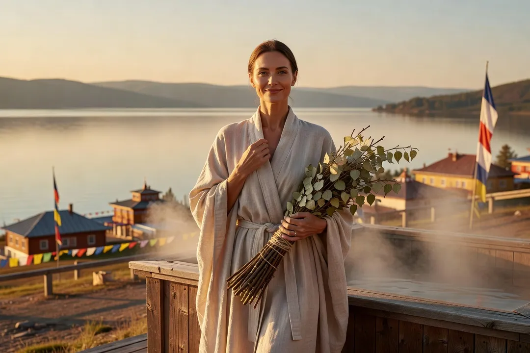 Femme russe adulte au sourire serein en peignoir de lin devant une banya en bois avec vue sur un paysage évoquant le lac Baïkal en arrière-plan