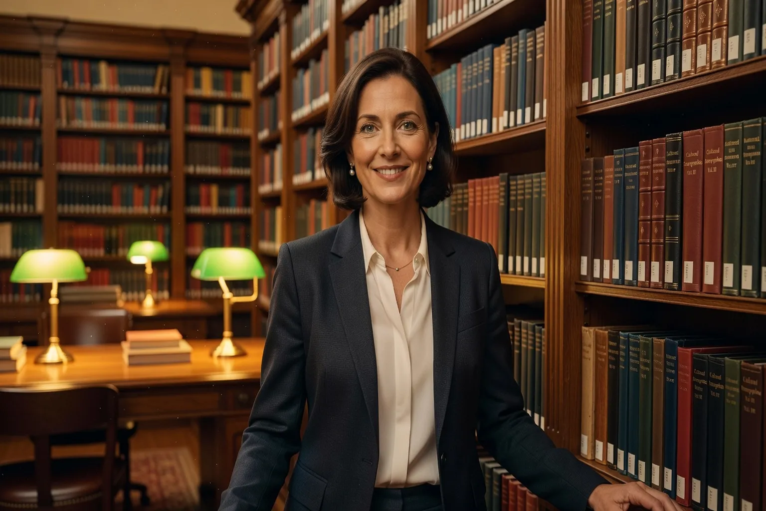 Portrait d'une chercheuse en sciences sociales devant une bibliothèque garnie d'ouvrages sur la Russie et l'Europe de l'Est, lumière chaude de bureau