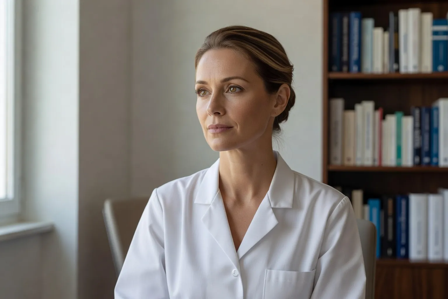 Portrait éditorial d'une médecin française en blouse blanche dans un cabinet sobre, regard direct, lumière naturelle