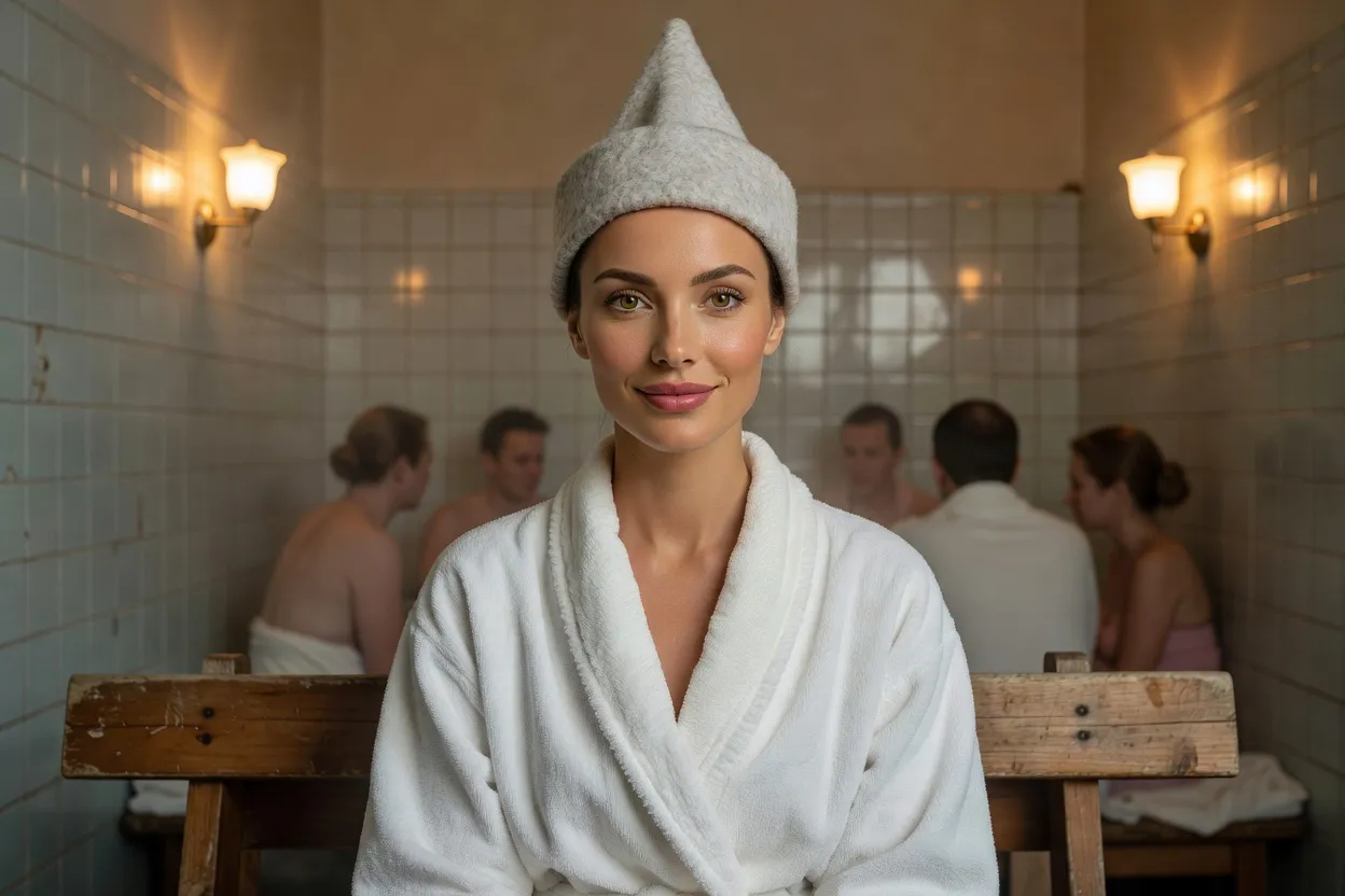 Femme adulte russophone en peignoir blanc et bonnet de feutre assise sur un banc de bois dans un bain urbain fréquenté par une communauté immigrée