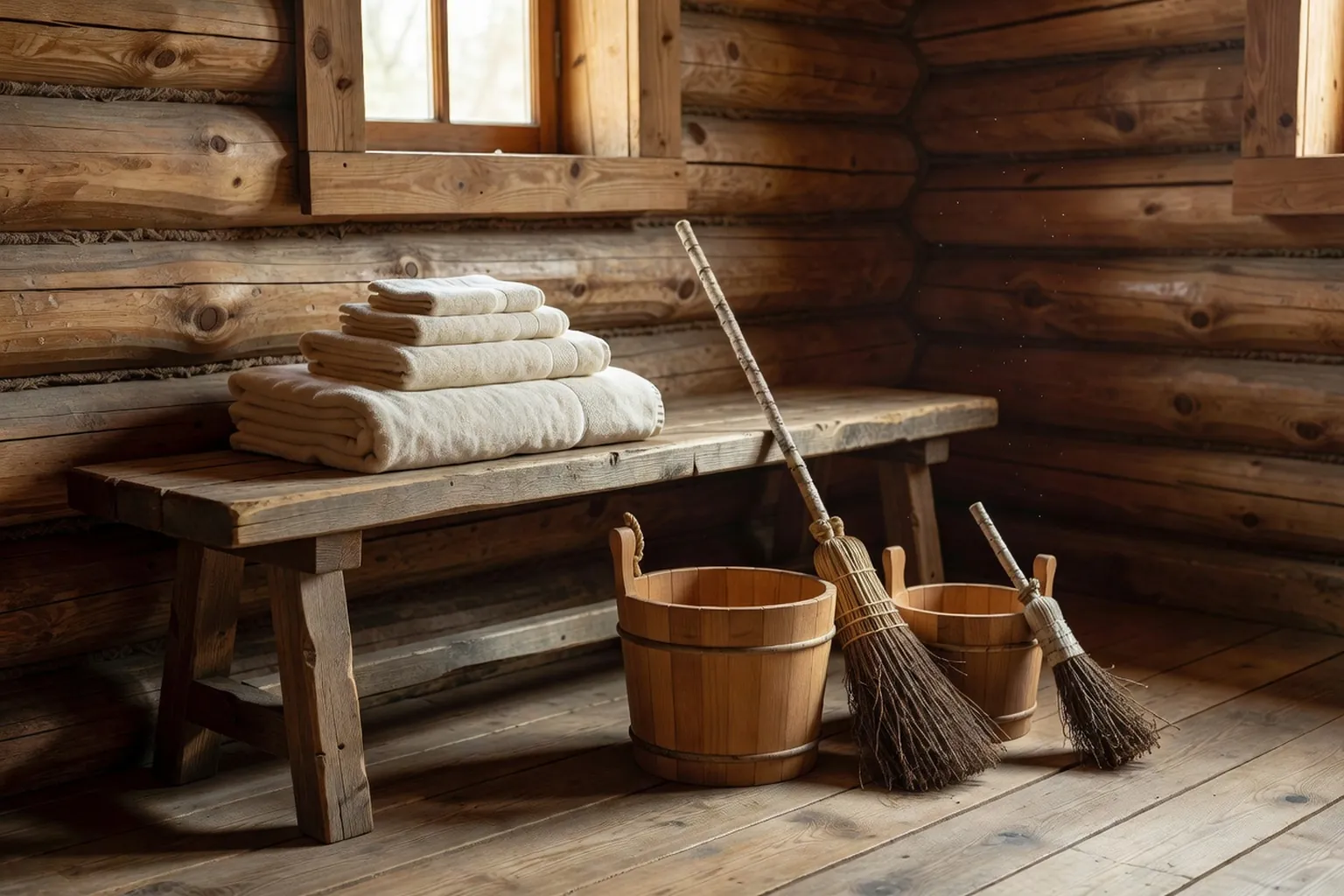 Famille russe multigénérationnelle assise dans le predbannik d'une banya autour d'une table avec thé et fruits