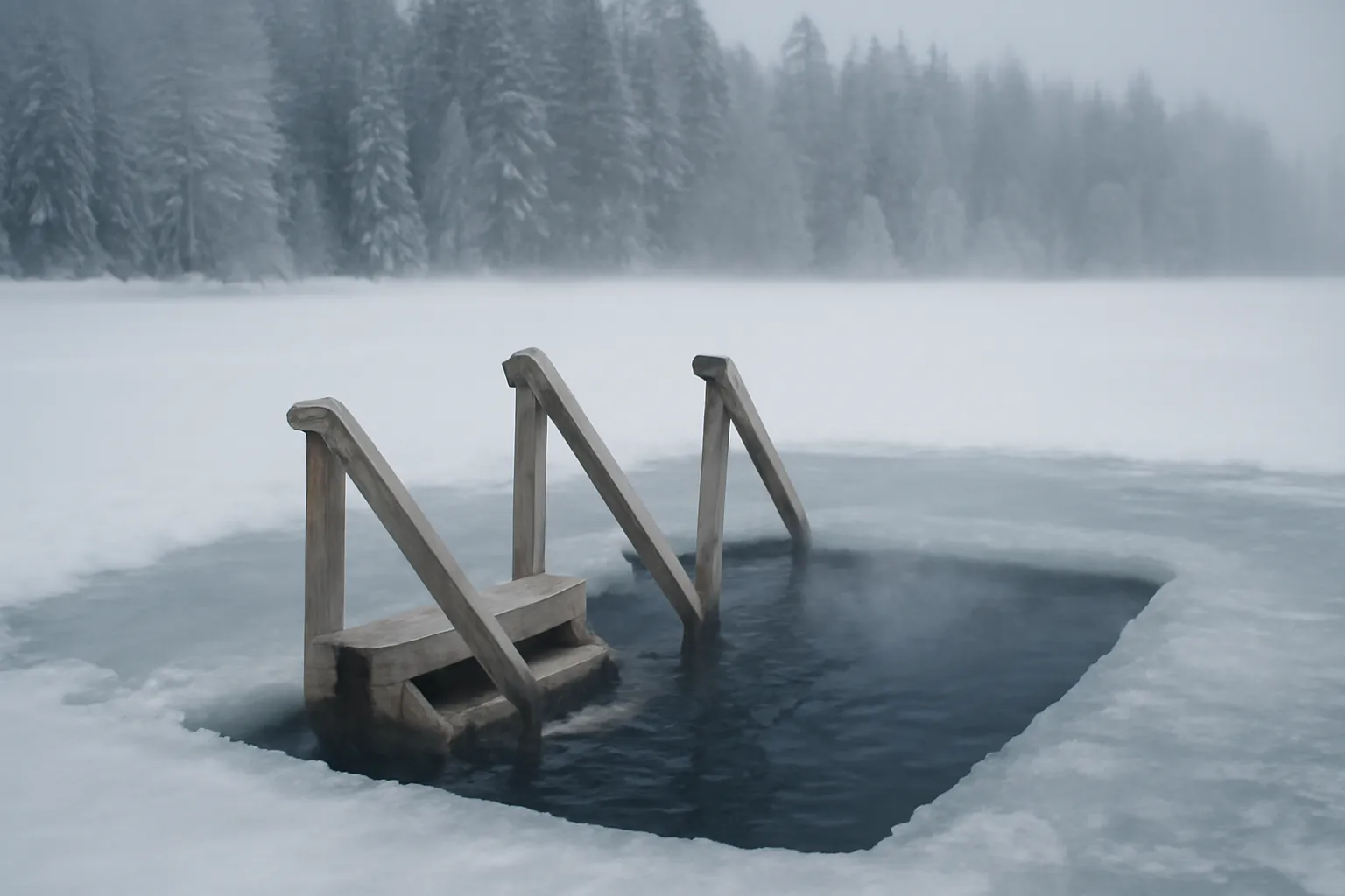 Trou creusé dans un lac gelé avec escalier en bois, vapeur s'élevant de l'eau, forêt enneigée en arrière-plan