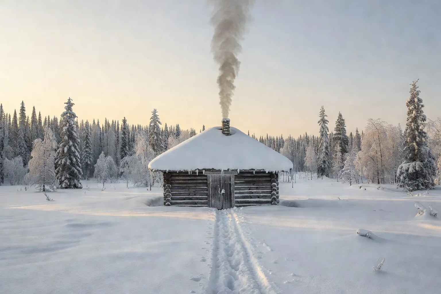 Petite isba de banya en rondins fumante au cœur d'un paysage enneigé sibérien, fumée s'élevant dans l'air glacé