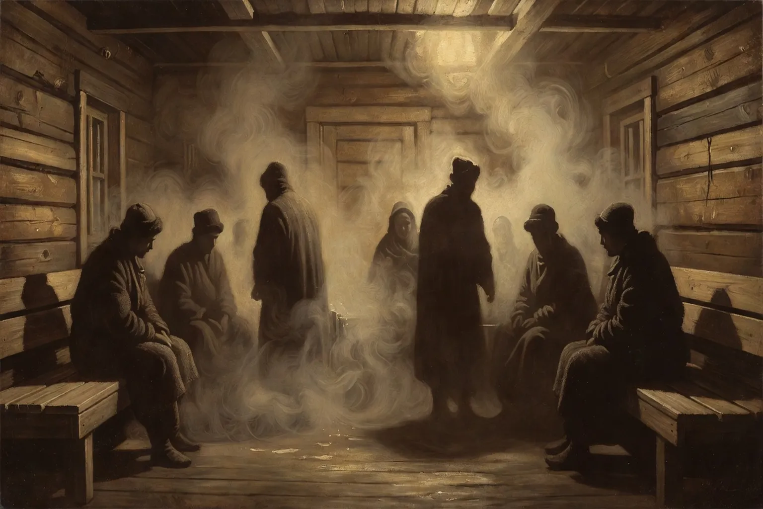 Tableau ancien représentant une banya russe — style peinture XIXe, teintes sépia et ocre, personnages aux silhouettes habillées, bois et vapeur