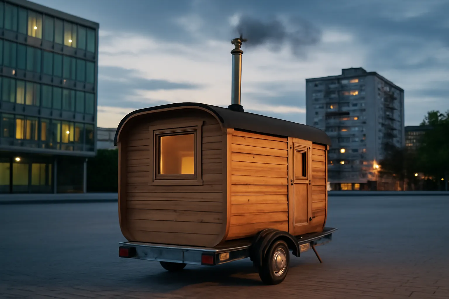 Petite cabine de banya mobile en bois sur remorque, cheminée fumante, installée sur une place publique au crépuscule
