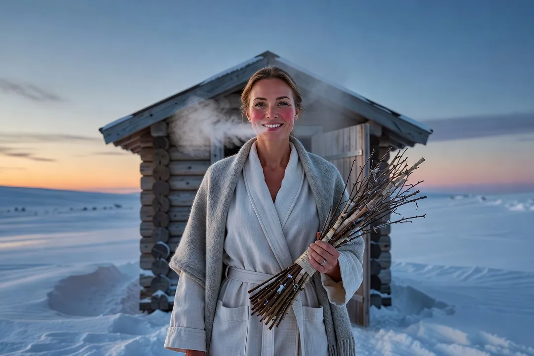 Femme russe adulte emmitouflée sortant d'une banya en bois dans un paysage arctique enneigé, vapeur visible dans l'air froid