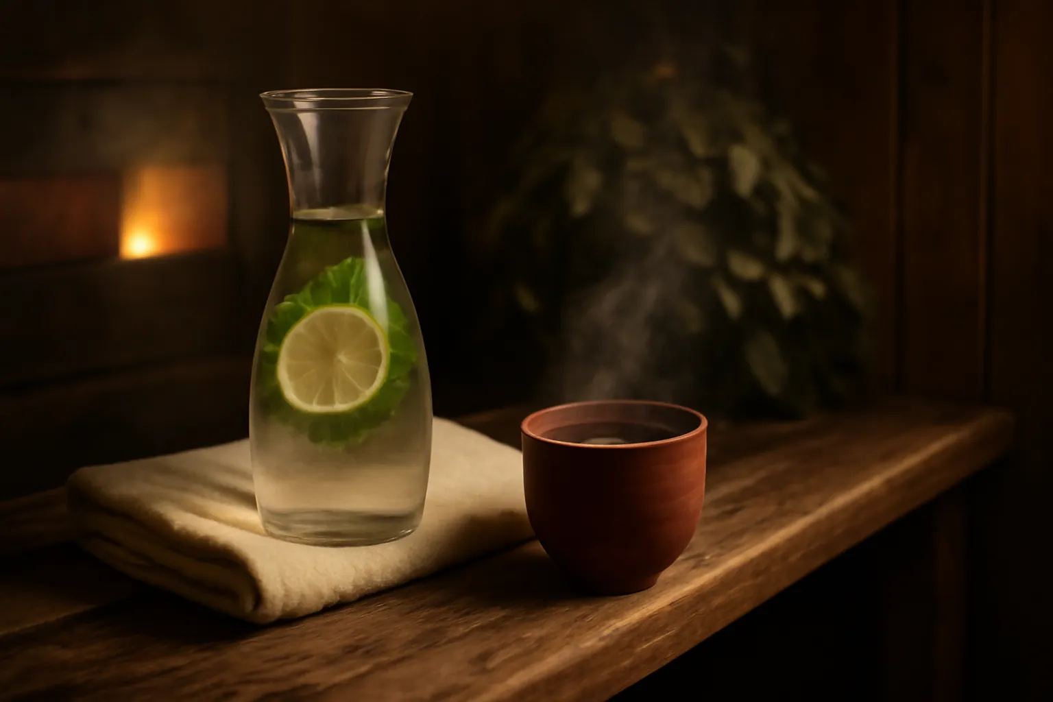 Table basse en bois avec verre d'eau, infusion et fruits frais dans une salle de repos de banya, lumière douce