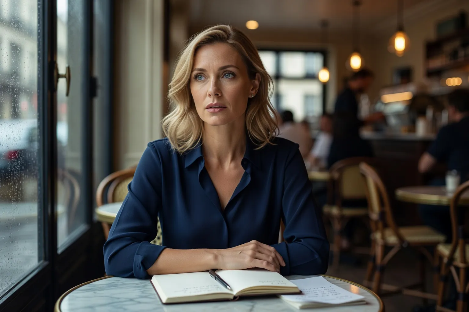 Portrait éditorial d'une journaliste russe à Paris, café parisien en arrière-plan flou, carnet et stylo posés devant