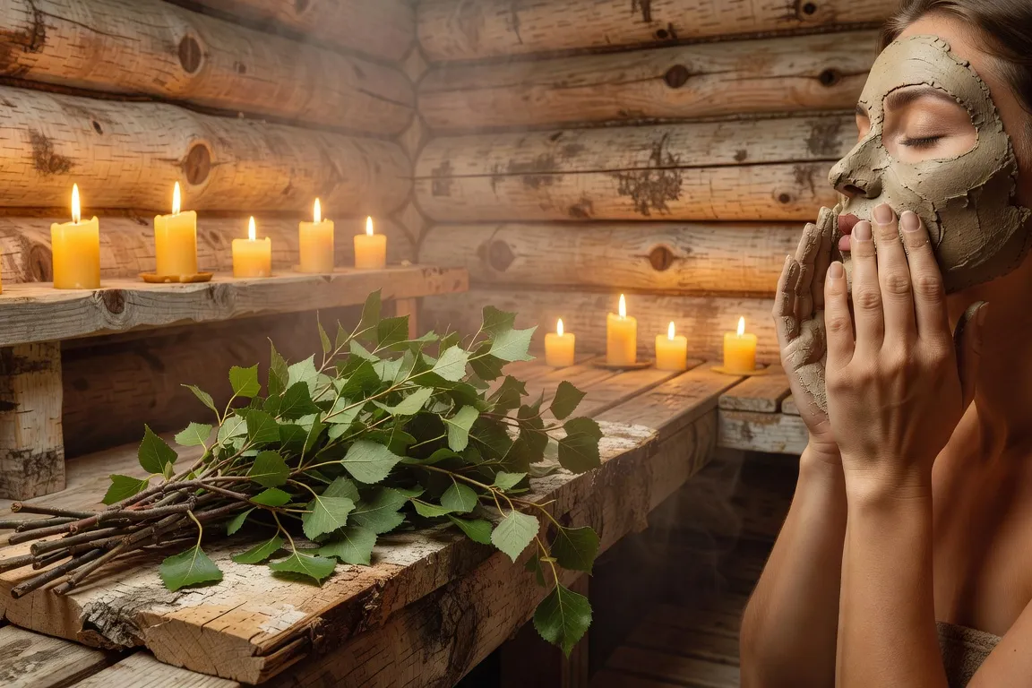 Mains pressant des feuilles de bouleau veniki contre une peau, vapeur montant d'un banc de banya en bois