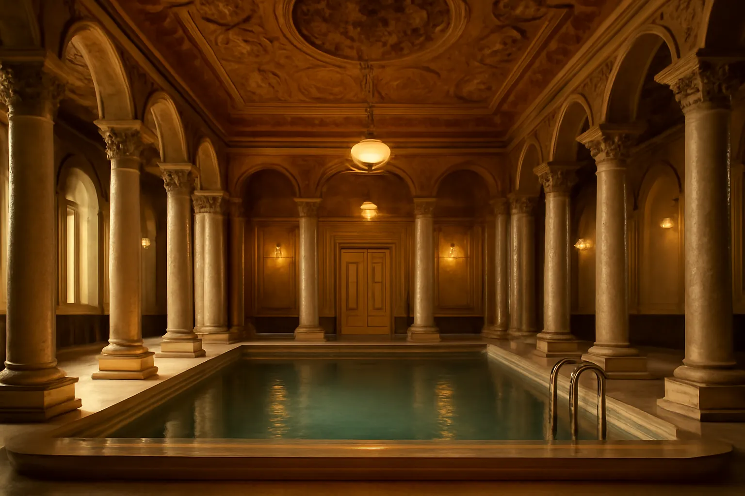 Grande salle de bains russe du XIXe siècle en style baroque et rococo, colonnes de marbre autour d'un bassin somptueux