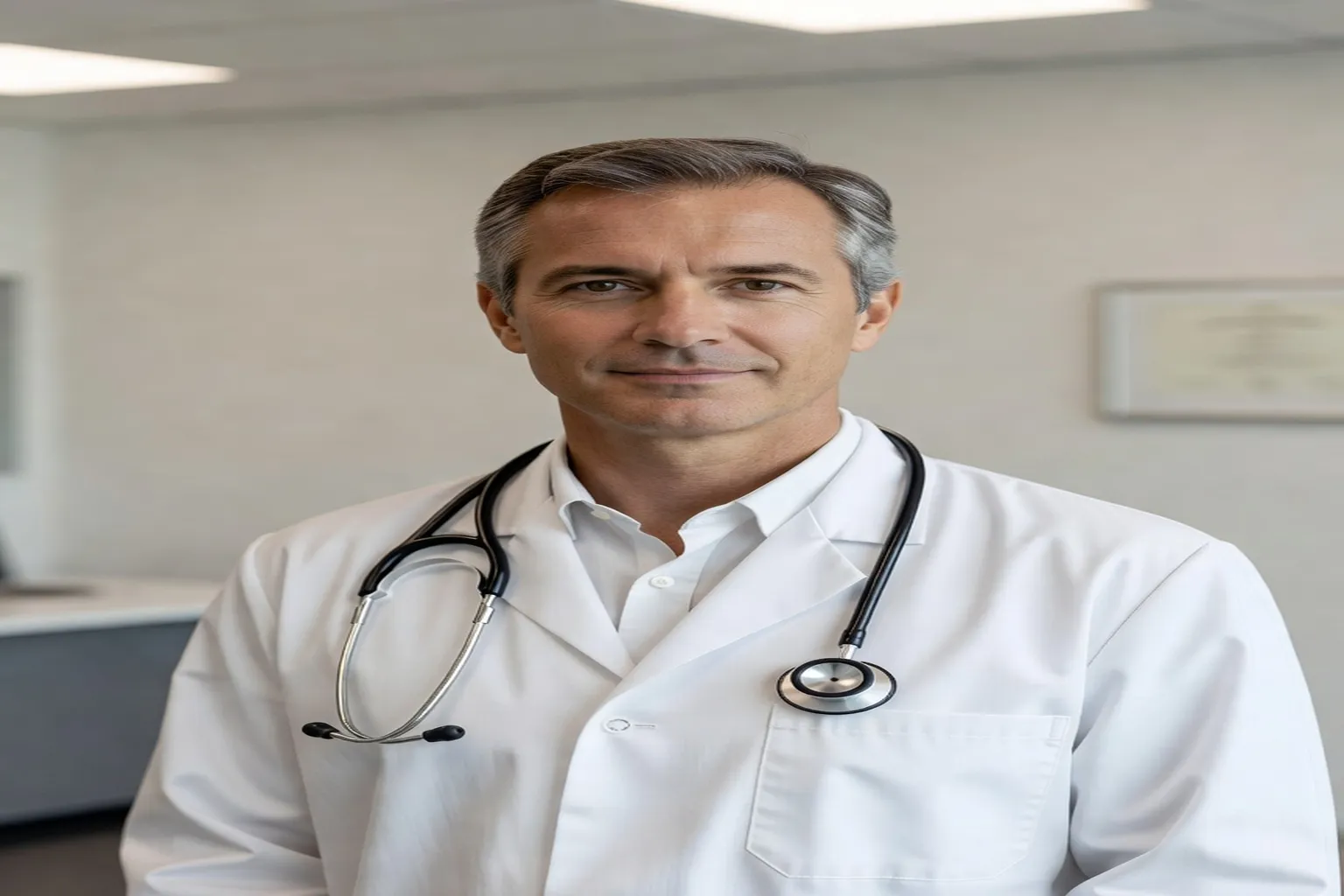 Portrait homme médecin cardiologue, blouse blanche, stéthoscope, bureau médical moderne, fond neutre