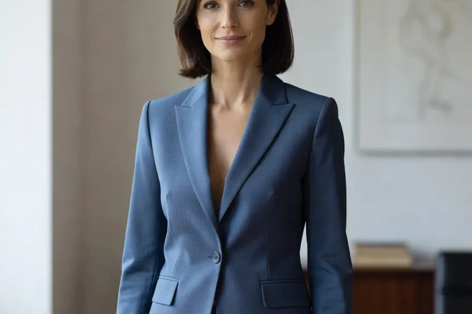 Portrait éditorial d'une femme européenne quarantenaire aux cheveux brun foncé, tailleur sobre bleu-gris, fond de cabinet sobre