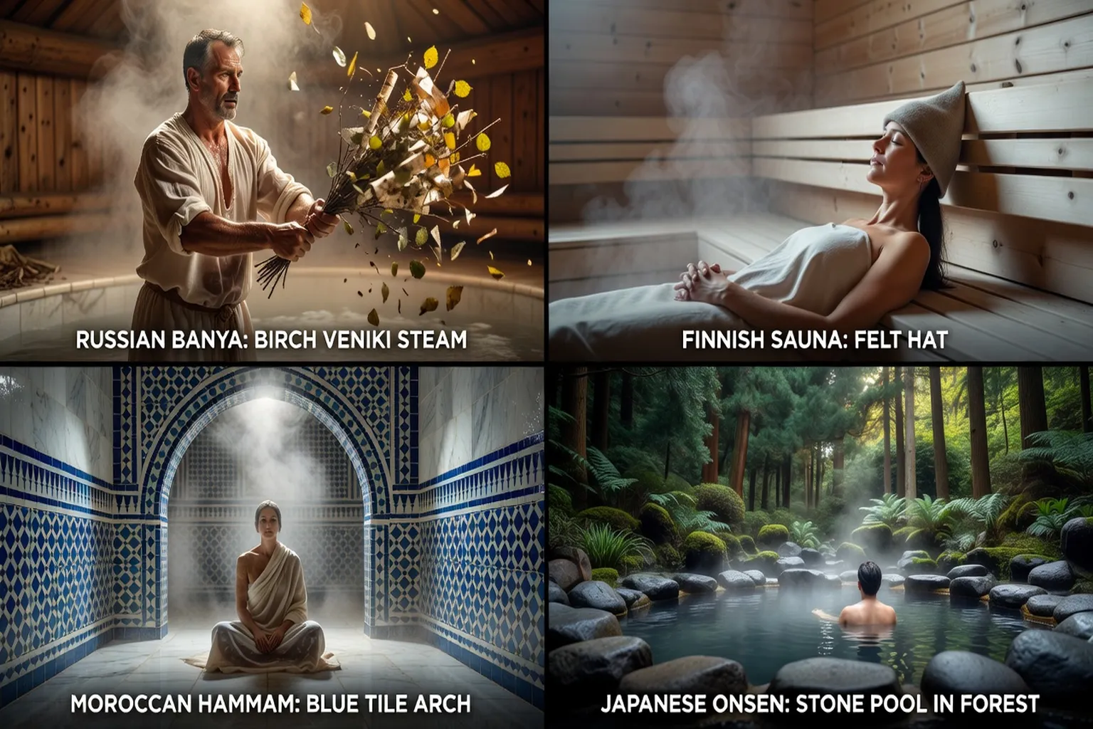 Composition éditoriale des quatre cultures thermales mondiales : banya russe, sauna finlandais, hammam marocain, onsen japonais