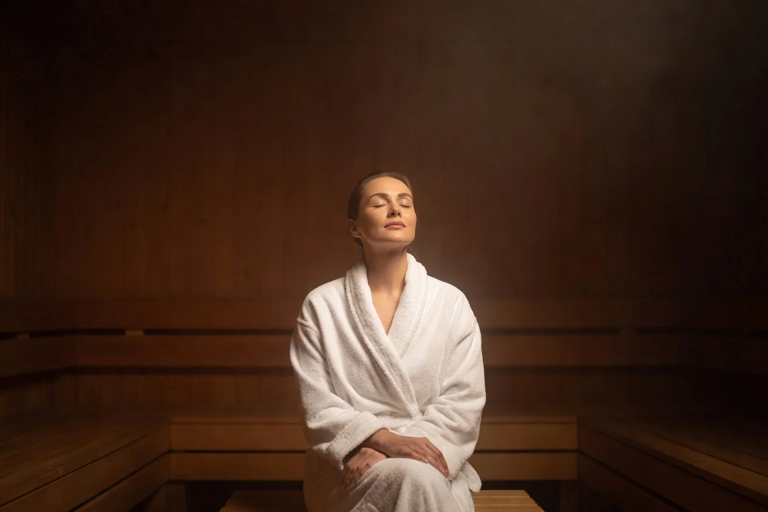 Femme russe en peignoir blanc assise les yeux clos sur le banc d'un bain russe, lumière dorée du soir et vapeur douce