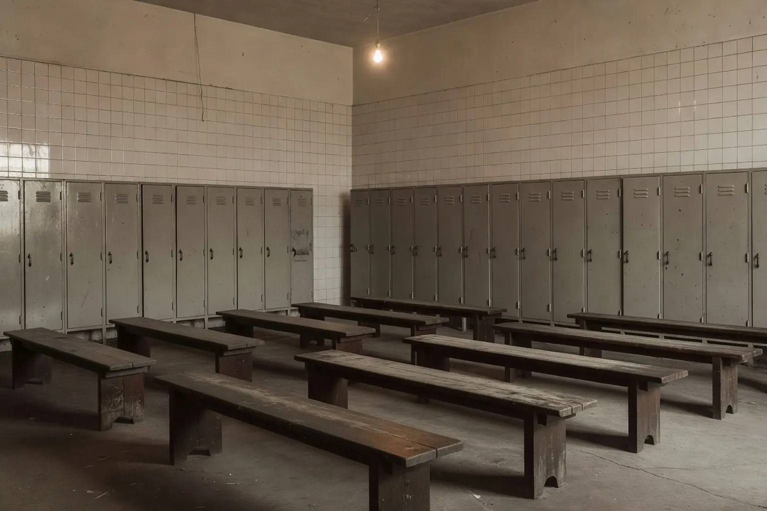Intérieur d'une bania publique soviétique des années 1930, vestiaires en métal et bancs de bois, ambiance carrelée austère