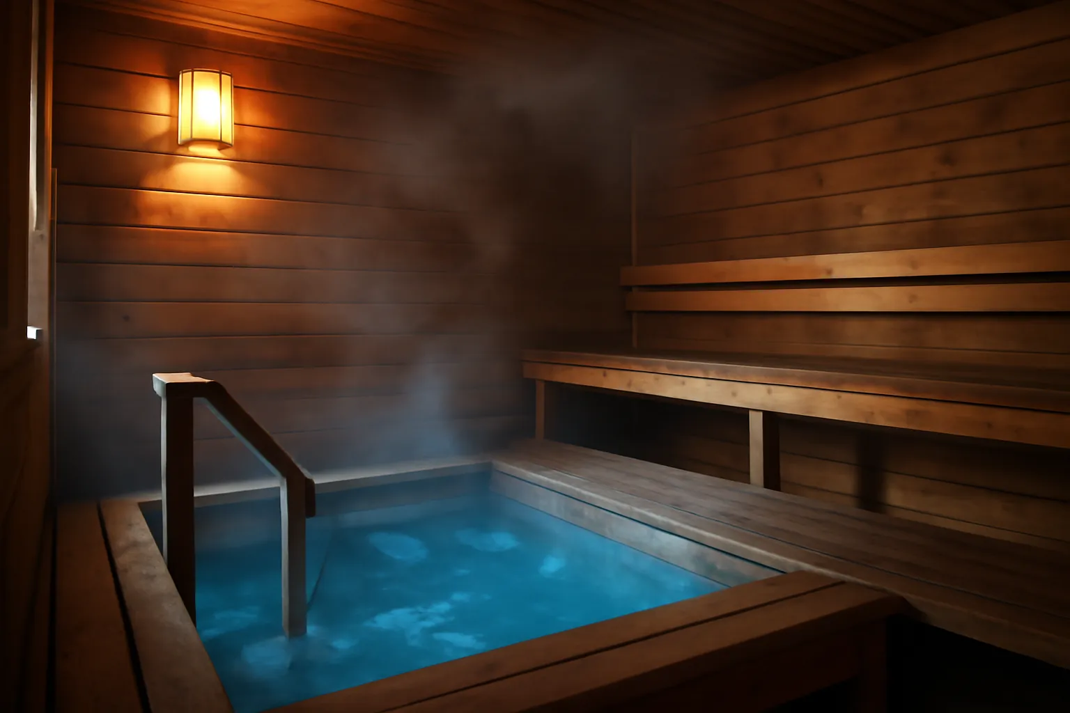 Banya en bois avec petit bassin d'eau froide intégré, contraste entre vapeur chaude et eau glacée bleue