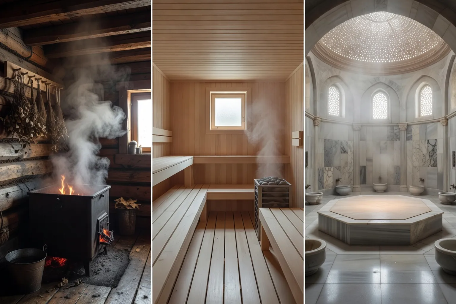 Triptyque visuel évoquant trois traditions de bain de vapeur : isba russe, sauna finlandais en bois clair, hammam turc en marbre
