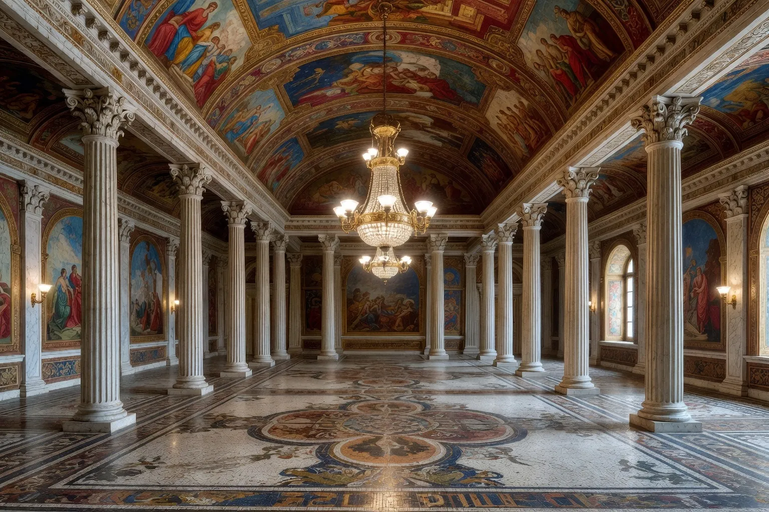 Hall d'une banya moscovite ancienne avec colonnes, mosaïques au sol et lustre, vue large d'architecture intérieure