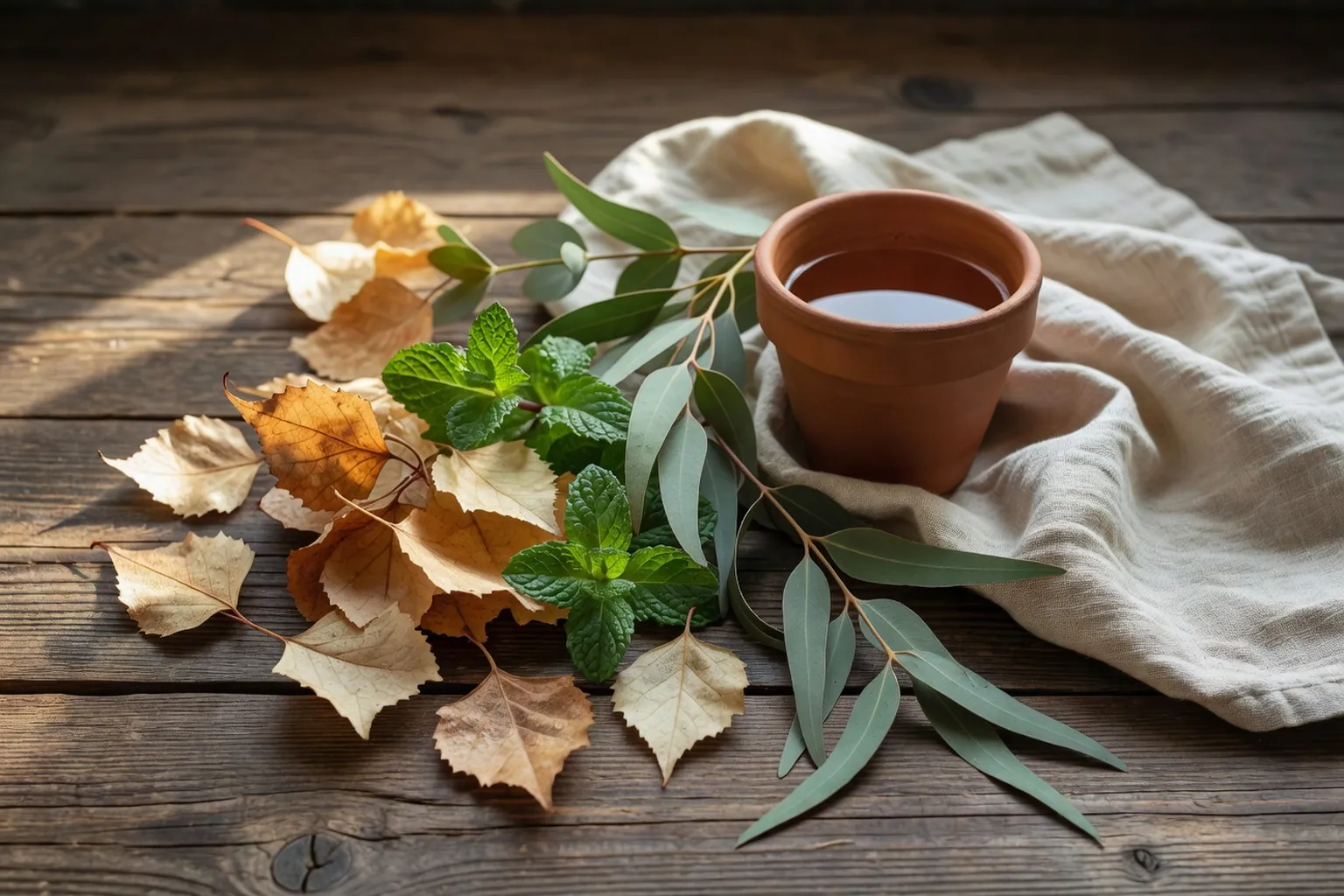 Composition nature morte avec feuilles bouleau séchées, menthe, eucalyptus et pot terre cuite