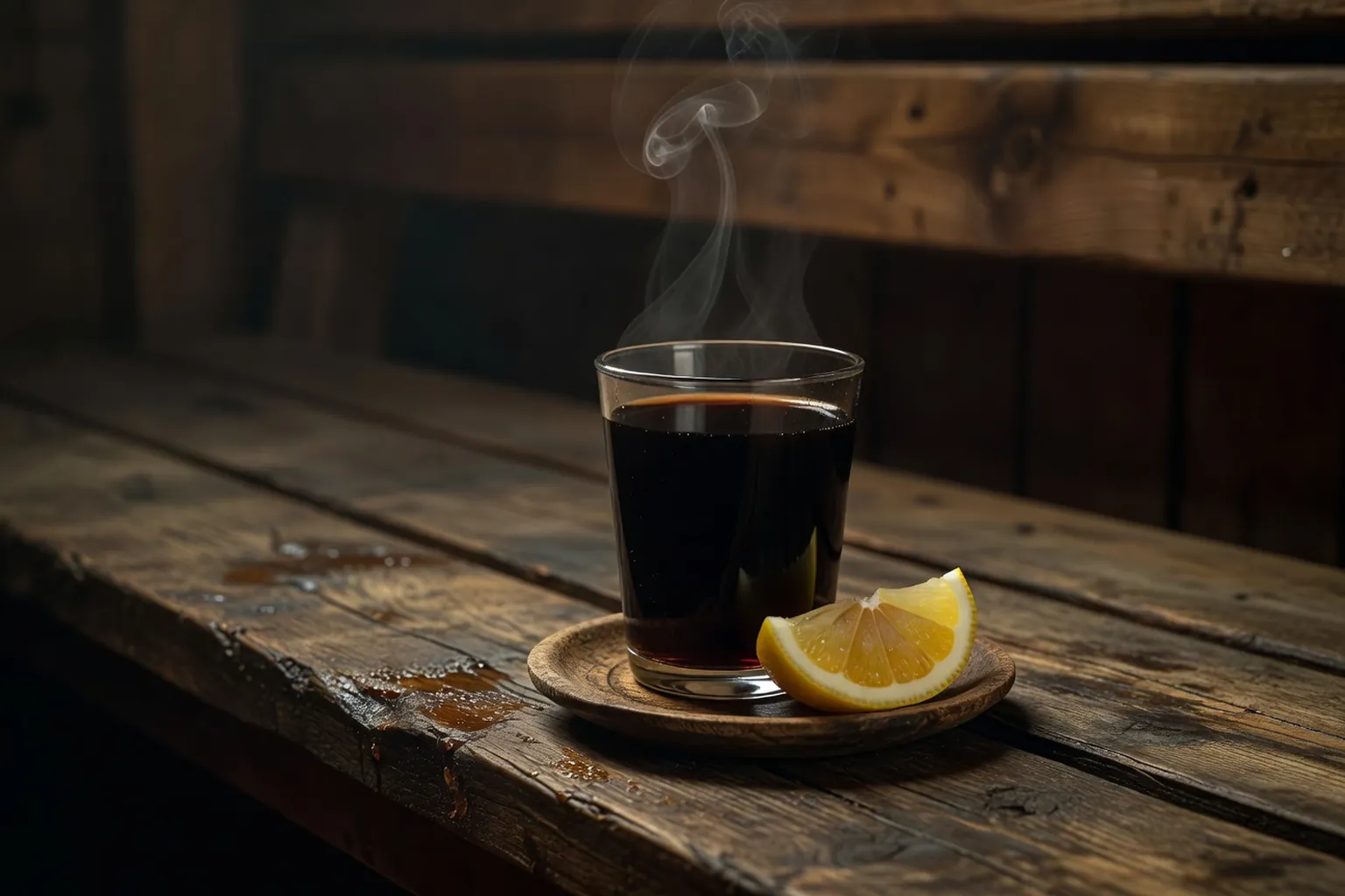 Verre de thé noir russe sur banc de banya en bois patiné avec citron coupé