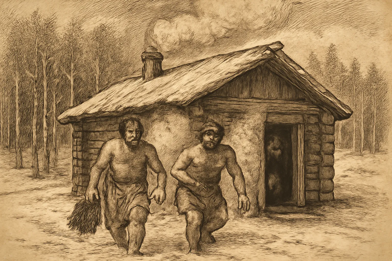 Illustration gravée style chronique médiévale russe d'une banya rurale en bois au XIᵉ siècle