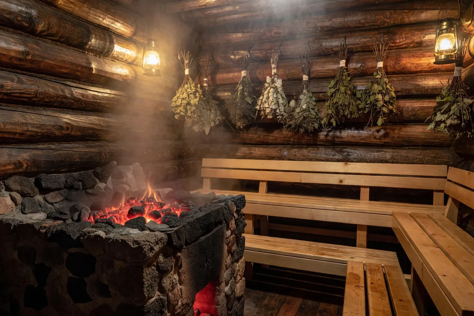 Intérieur de banya russe traditionnelle en bois avec poêle de pierre rougeoyant