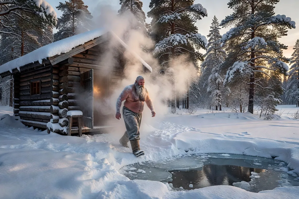Petite isba de banya en bois fumante en lisière d'un champ enneigé, bouleaux en hiver, ciel bleu