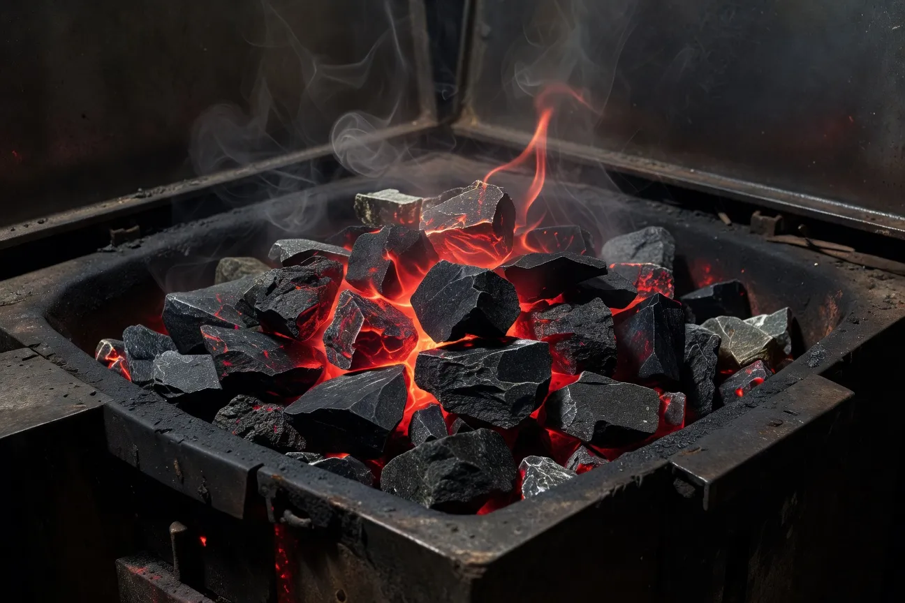 Vue frontale d'une kamenka artisanale en briques réfractaires, pierres volcaniques empilées sur grille métallique, parois rougeoyantes dans la pénombre du parilka