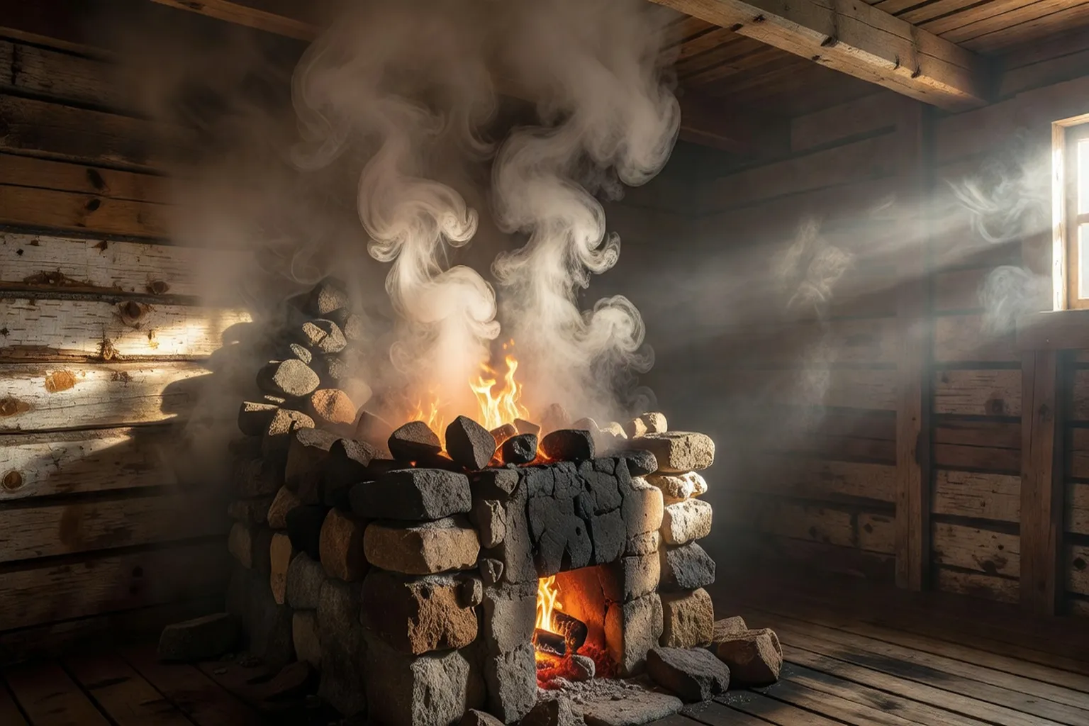 Banya traditionnelle russe — vapeur dense montant des pierres chaudes kamenka, bancs en bois de bouleau, ambiance intimiste
