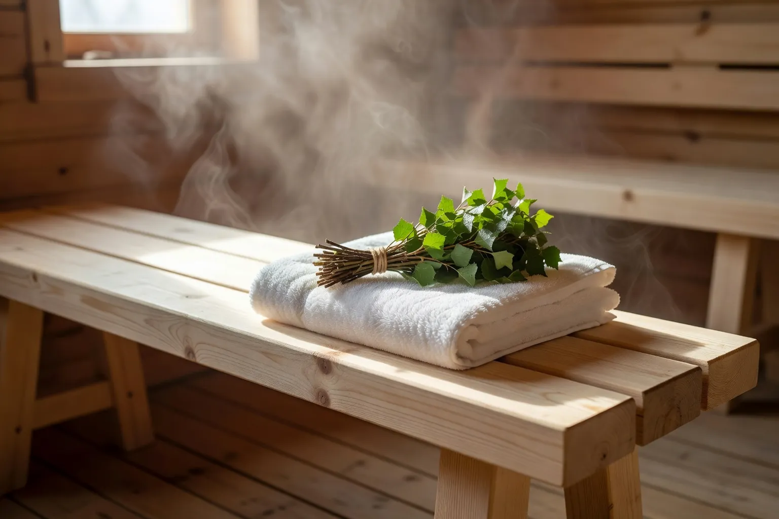 Banc de banya russe en bois clair avec serviette pliée et veniki posé, vapeur diffuse en arrière-plan