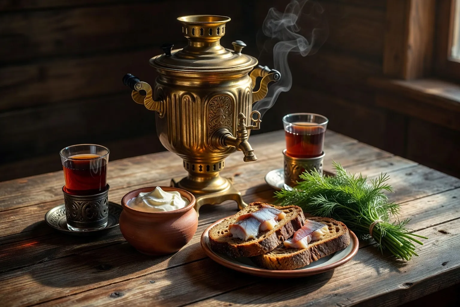 Table en bois sombre avec samovar russe, verres à thé, pot de smetana, blinis et bouquet de fenouil, lumière de fin d'après-midi