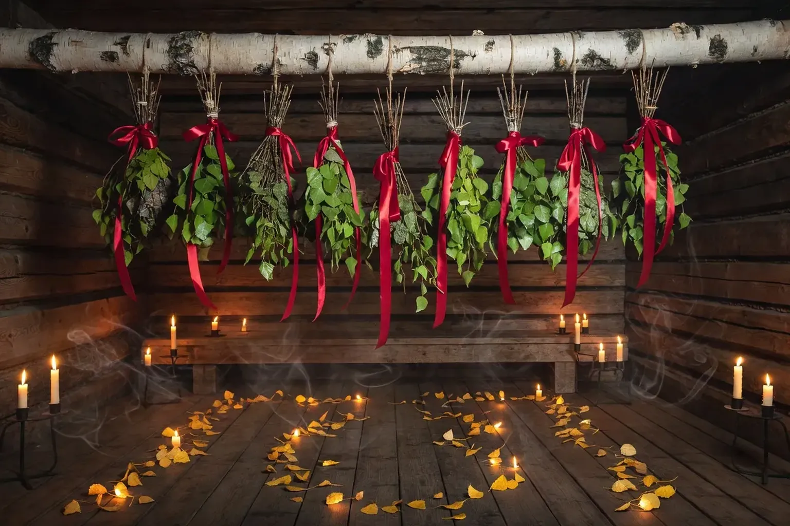 Banya en rondins de bois foncé dans une forêt de bouleaux, avec un ruban rouge noué à la poignée, atmosphère de veille de mariage slave