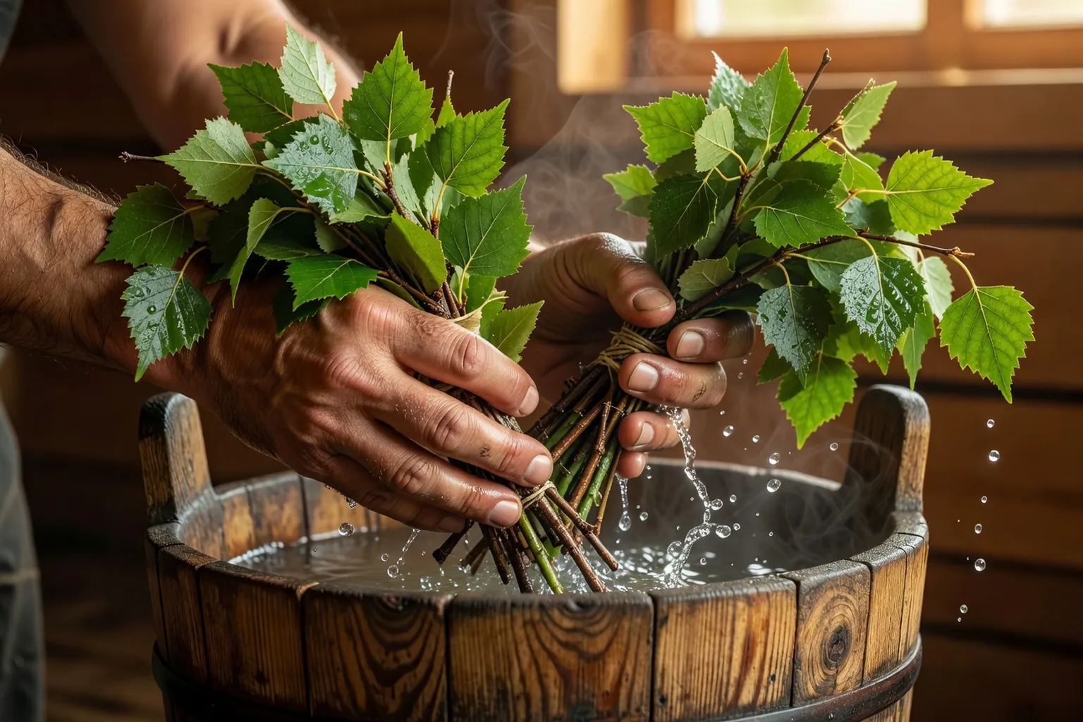 Mains trempant un bouquet de veniki de bouleau dans un seau en bois, vapeur visible