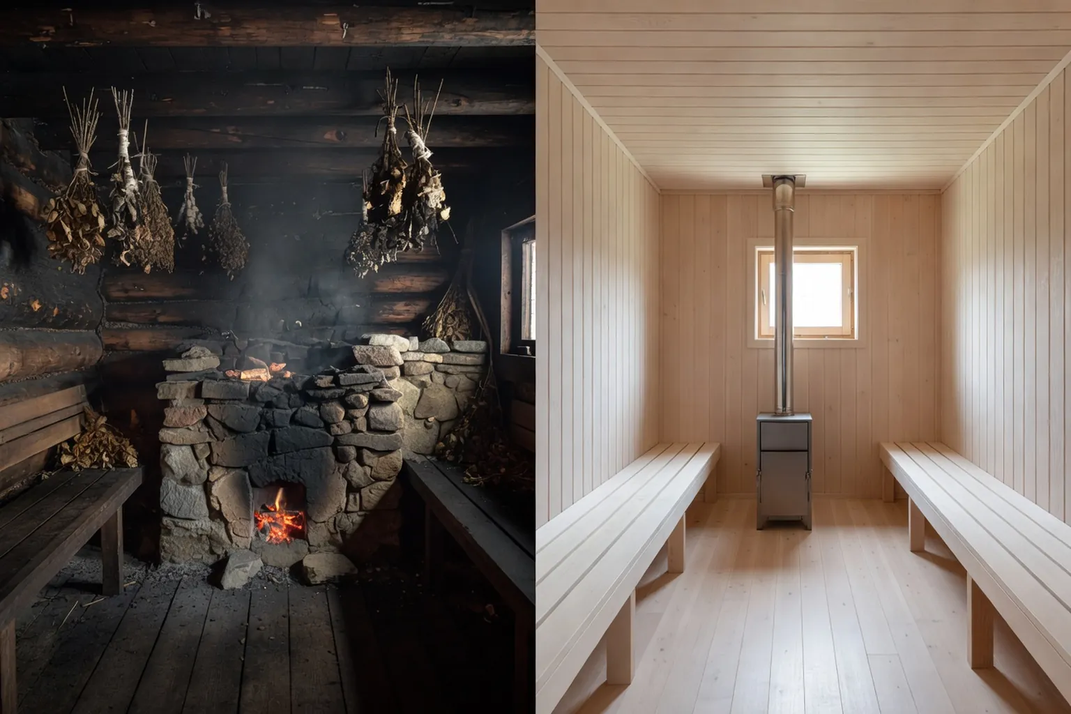 Comparaison visuelle entre banya noire aux murs noircis et banya blanche moderne à cheminée