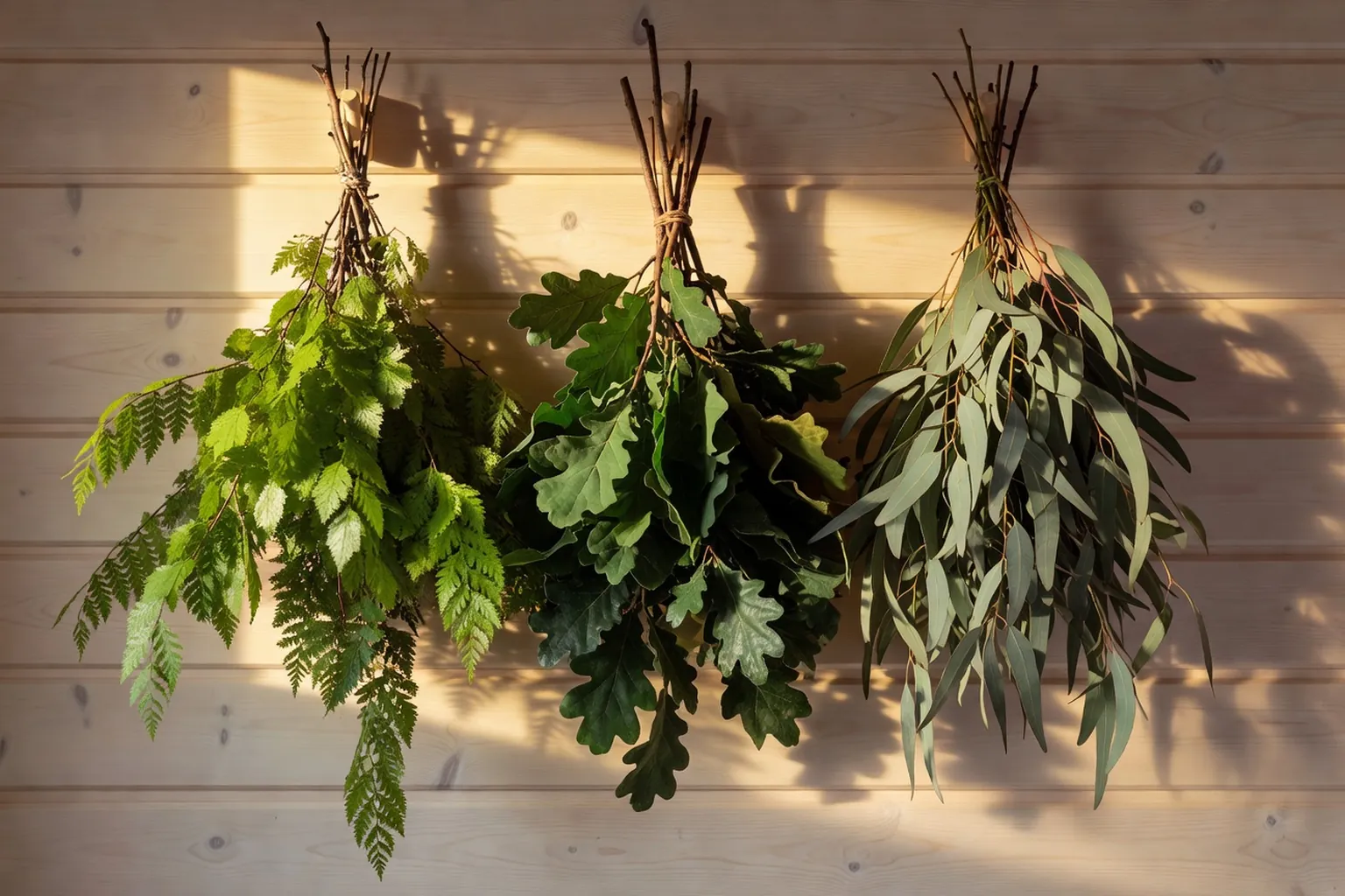 Trois veniki suspendus à un mur de bois clair : bouleau, chêne et eucalyptus, lumière chaude rasante